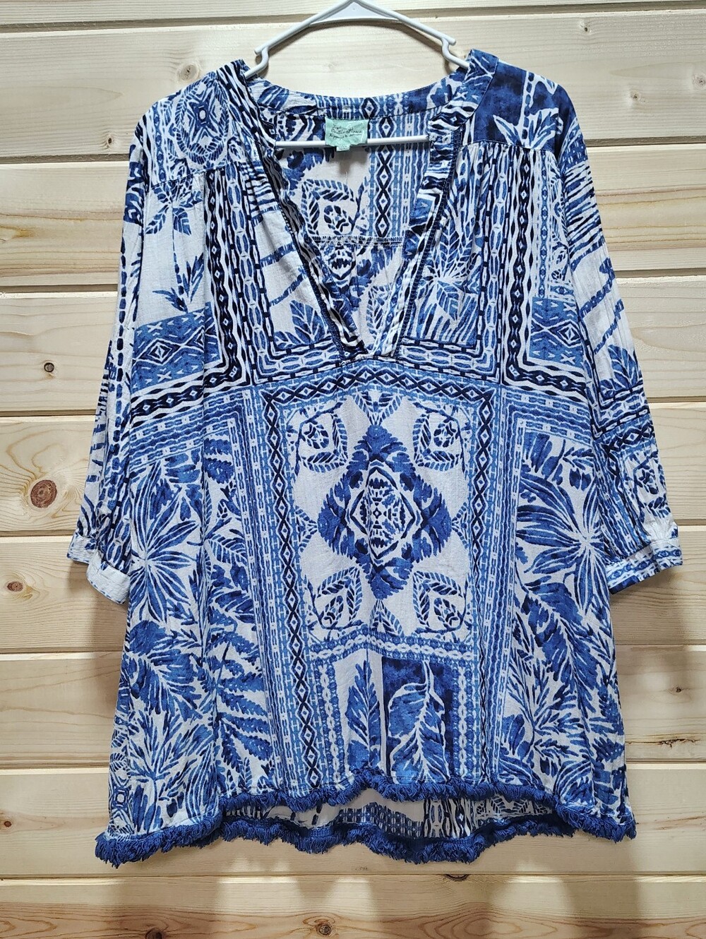 True Destinations Cotton Tunic Cover Up Blue White Boho Tunic Top M Tropical
